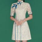 Short-sleeve Bow Lace Mini Qipao