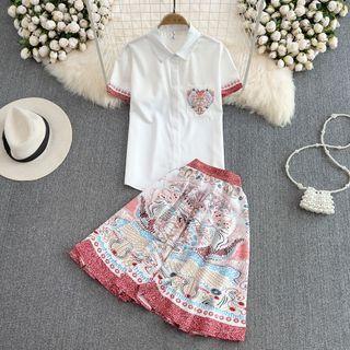 Set: Heart Print Shirt + A-line Skirt