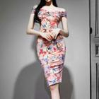 Short-sleeve Off Shoulder Floral Bodycon Dress