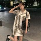 Short Sleeve Polo Neck Striped Dress Almond - One Size