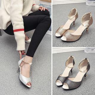 Faux Pearl Peep Toe Heel Sandals
