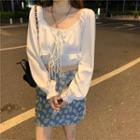 Long-sleeve Lace-up Top + Camisole / Printed Mini Skirt