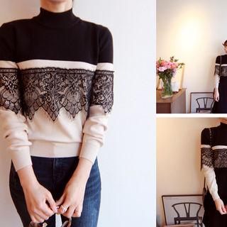 Color-block Lace-trim Knit Top
