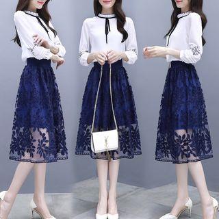 Set: Long-sleeve Blouse + Camisole + Lace Panel A-line Skirt