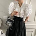 Puff-sleeve Frill Trim Blouse / Irregular Midi A-line Skirt