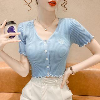 Short-sleeve Lettuce Edge Button-up Crop Knit Top