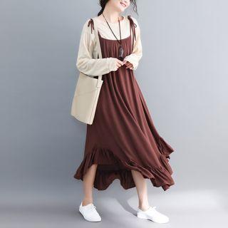 Spaghetti Strap Ruffle Hem Midi Dress Coffee - One Size