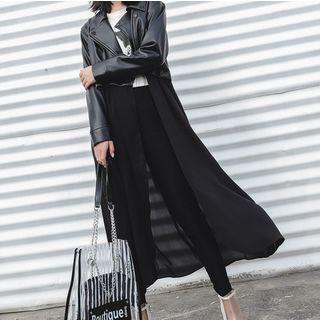 Long Chiffon Panel Faux Leather Jacket