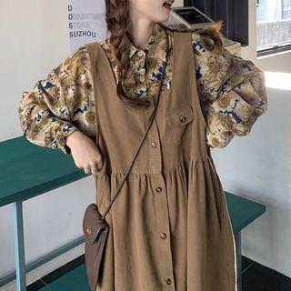 Floral Print Shirt / Button-up Midi A-line Overall Dress