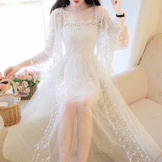 Set: Lace Spaghetti Strap Midi Dress + Light Jacket