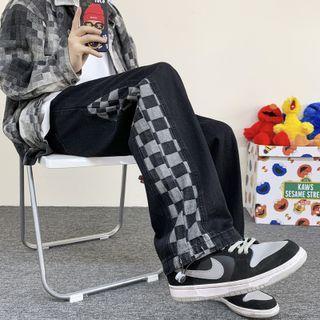 Checkered Panel Straight Leg Jeans