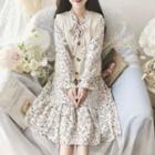 Set: Knit Vest + Floral Long-sleeve A-line Dress