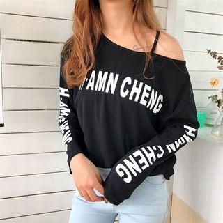Letter Open Shoulder Long-sleeve T-shirt