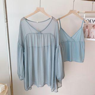 Set: V-neck Chiffon Blouse + Camisole Top