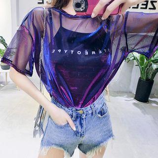 Set: Lettering Camisole Top + Short Sleeve Mesh T-shirt Dress