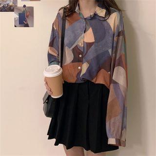 Balloon-sleeve Geometric Print Shirt As Shown In Figure - One Size