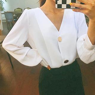 V-neck Metal-button Chiffon Blouse