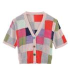 Short-sleeve V-neck Check Cardigan