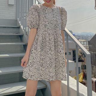 Short-sleeve Leopard A-line Dress White - One Size