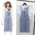 Elbow-sleeve T-shirt / Fray Hem Denim Midi Sheath Overall Dress / Set