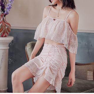 Set: Lace Cold Shoulder Tankini Top + Bikini Bottom + Cover Up