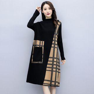 Long-sleeve Plaid-panel Midi A-line Knit Dress