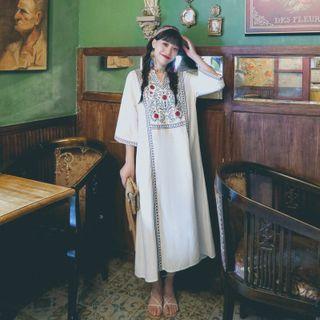 Elbow-sleeve Open-placket Embroidered Midi Shift Dress