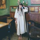 Elbow-sleeve Open-placket Embroidered Midi Shift Dress