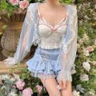 Floral Cropped Camisole Top / Lace Trim Light Jacket