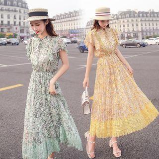 Floral Print Lace Panel Flutter Sleeve A-line Dress
