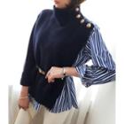 Turtle-neck Striped-layered Knit Top Navy Blue - One Size