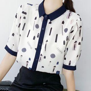 Elbow-sleeve Cartoon Print Chiffon Blouse