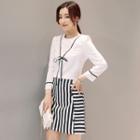 Set: Bow Accent 3/4 Sleeve Top + Striped Skirt