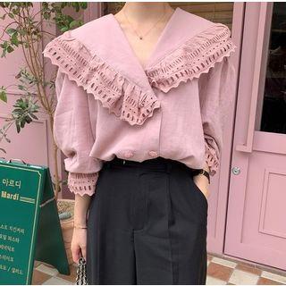 Bell-sleeve Lace Cutout Ruffled Blouse