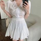 Puff-sleeve V-neck Lace Panel Top / High-waist Plain Skirt