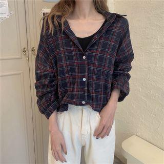 Long-sleeve Plaid Loose Fit Sheer Shirt