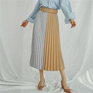 Color-block Pleated Skirt With Belt