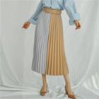 Color-block Pleated Skirt With Belt