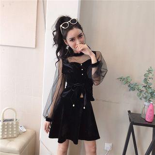 Set: Sheer Long-sleeve Top + A-line Skirt