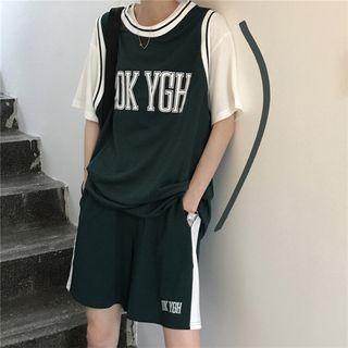 Short-sleeve Plain T-shirt / Sleeveless Lettering Tank Top / Lettering Striped Shorts