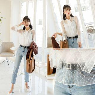 Set: Tie-neck Dotted See-through Top + Camisole Top