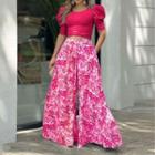 Set: Short-sleeve Crop Top + Floral Wide Leg Pants