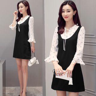 3/4-sleeve Dotted Mock Two Piece Dress