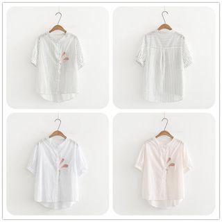 Short-sleeve Rabbit Embroidered Pinstriped Shirt Black - One Size