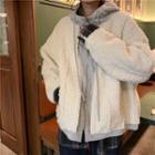 Mock Two-piece Fleece Zip-up Hooded Jacket Almond - One Size