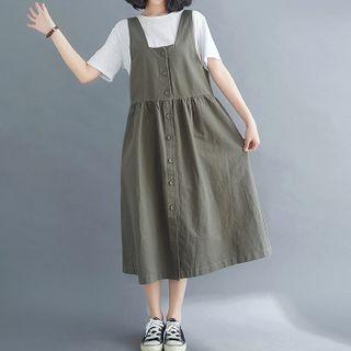 Wide Strap Button Midi A-line Pinafore Dress