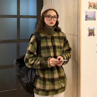 Plaid Half Zip Fleece Pullover Green - One Size