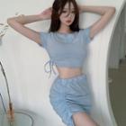 Set: Short-sleeve Drawstring Cropped T-shirt + Mini Skirt