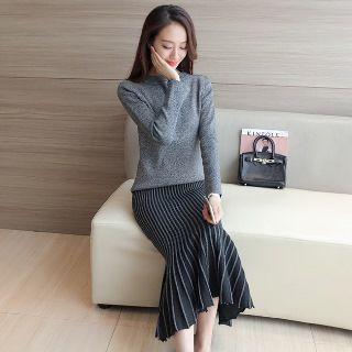 Set: Long-sleeve Plain Sweater + Midi Knit Skirt