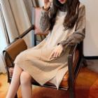 Mock Two-piece Long-sleeve Plaid Panel Slit Knit Dress